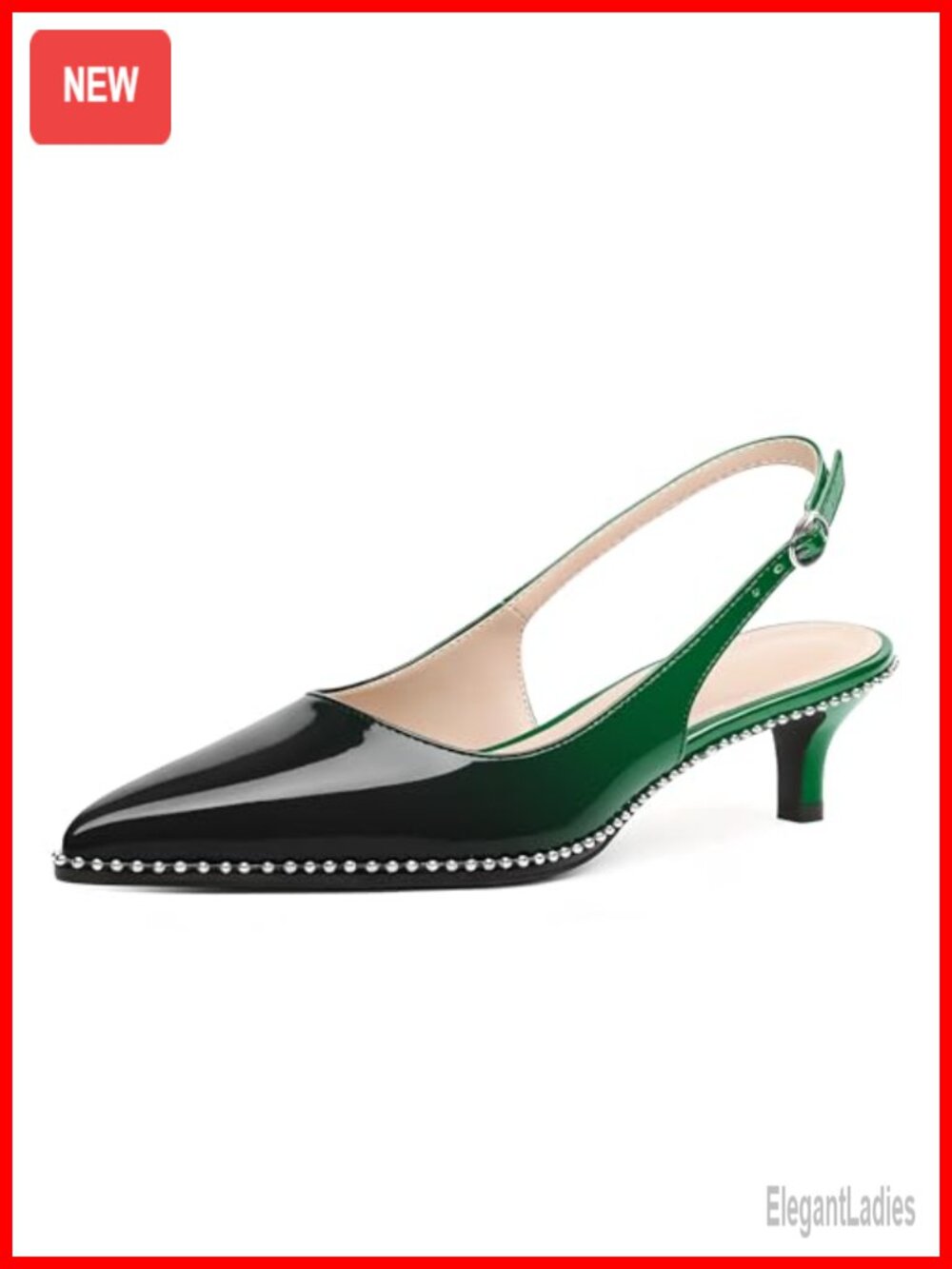 Slingback Kitten Heels Pointed Toe Low Heel Dress Pumps Beaded Ankle-Strap